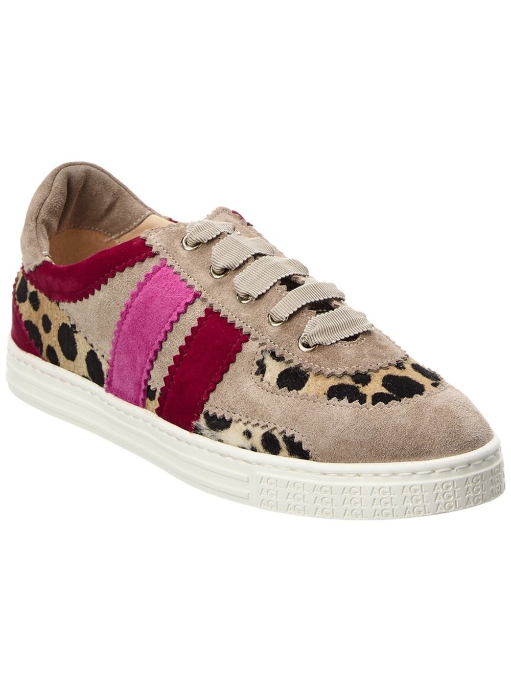AGL Leda Suede Haircalf Leopard Print Scalloped Sneaker Shoes Pink Grey 37 7
